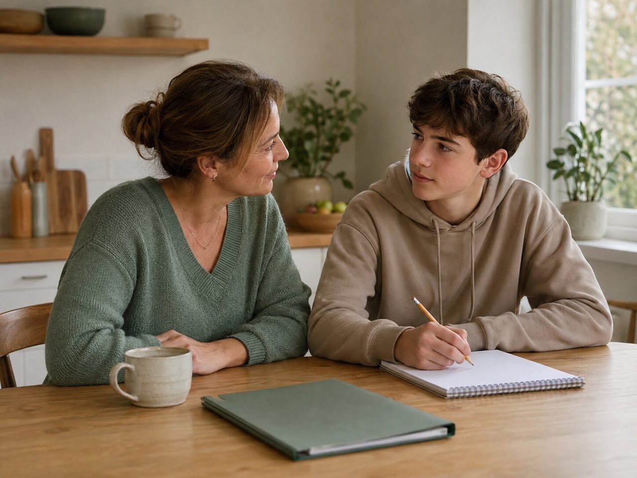 A parent listening to an early teenager while they organise schoolwork together at the kitchen table